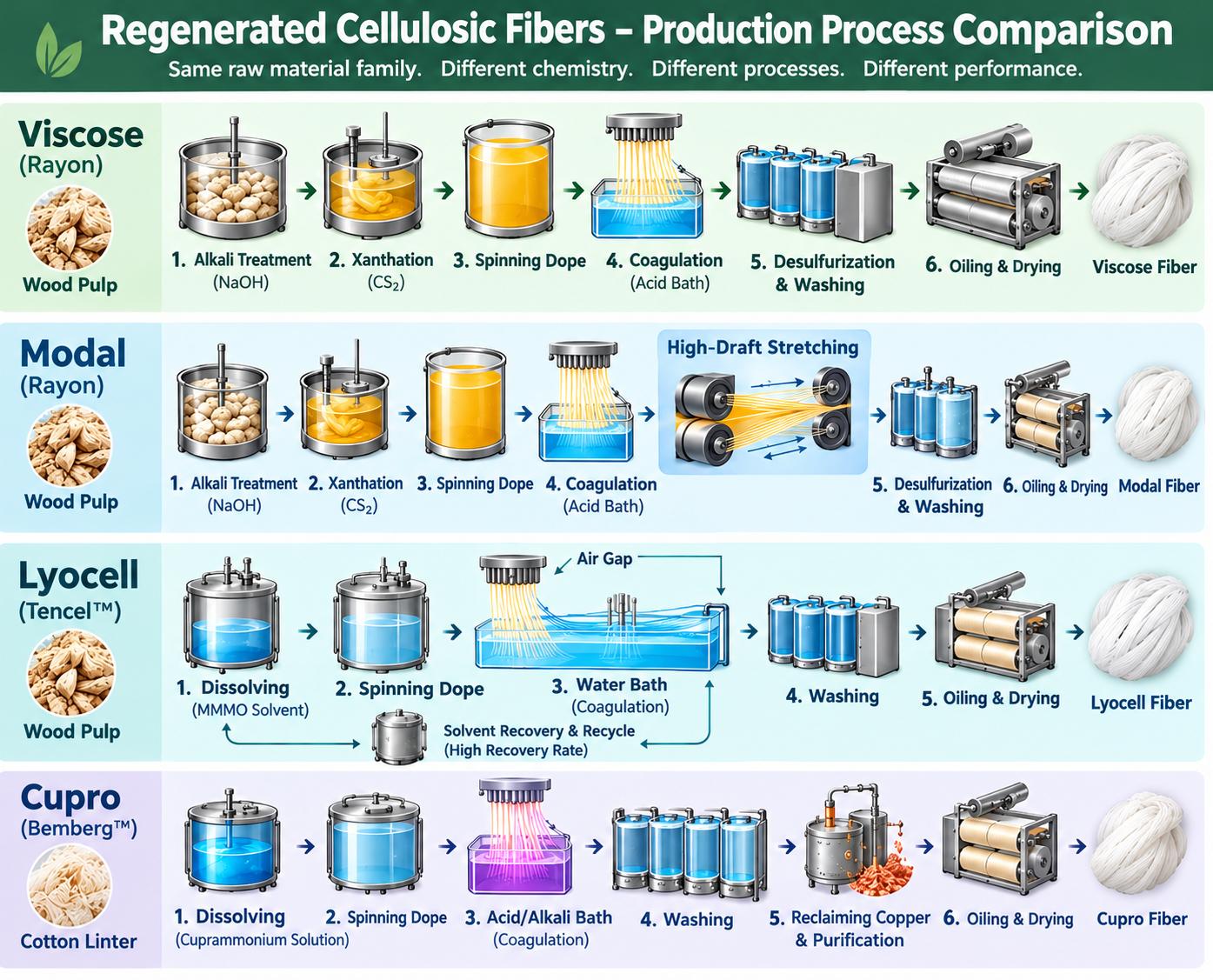 production process comparison of Modal vs Viscose vs Lyocell vs Cupro
